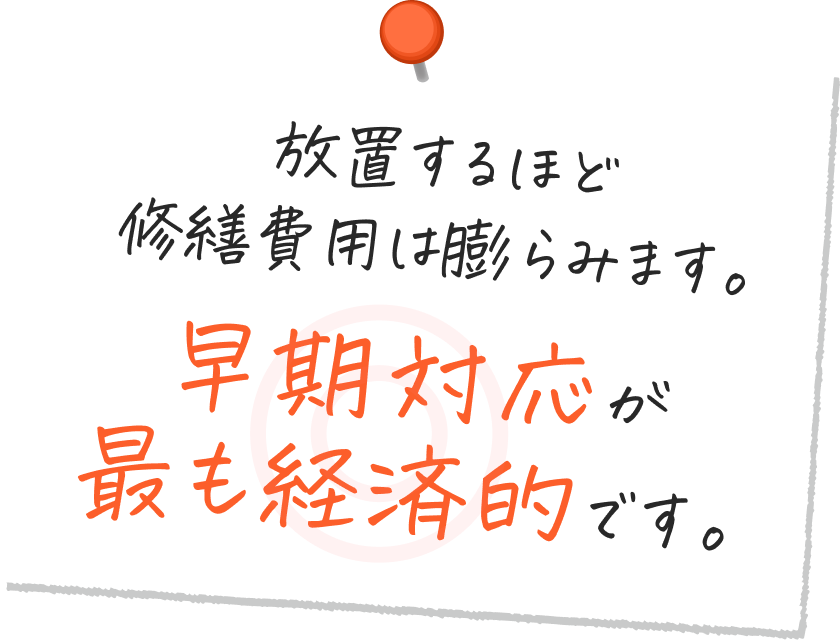 放置するほど修繕費用は膨らみます。早期対応が最も経済的です。